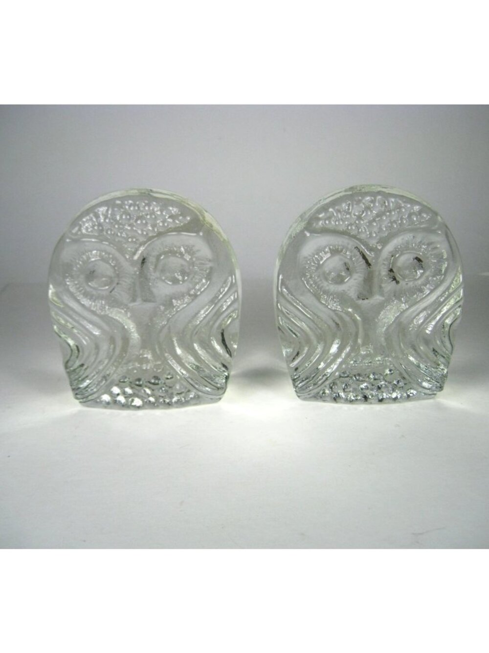 Mid Century Modern Clear Glass Owl Bookends Pair Vintage Heavy Textured